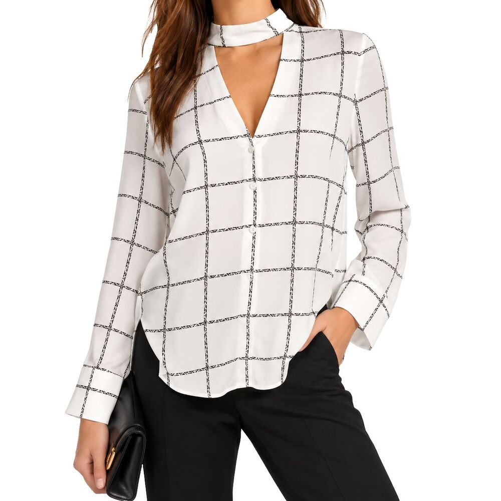 Express Womens Blouse M White Black Plaid Silky Keyhole V Neck Roll Tab Sleeve